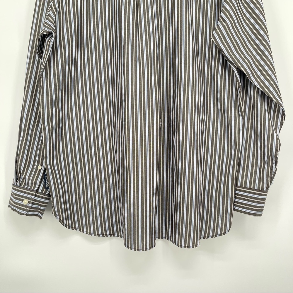 New CHAPS Button-Down Mens Large 100% Cotton Long Sleeve Grey Blue White Stripes - Picture 13 of 14